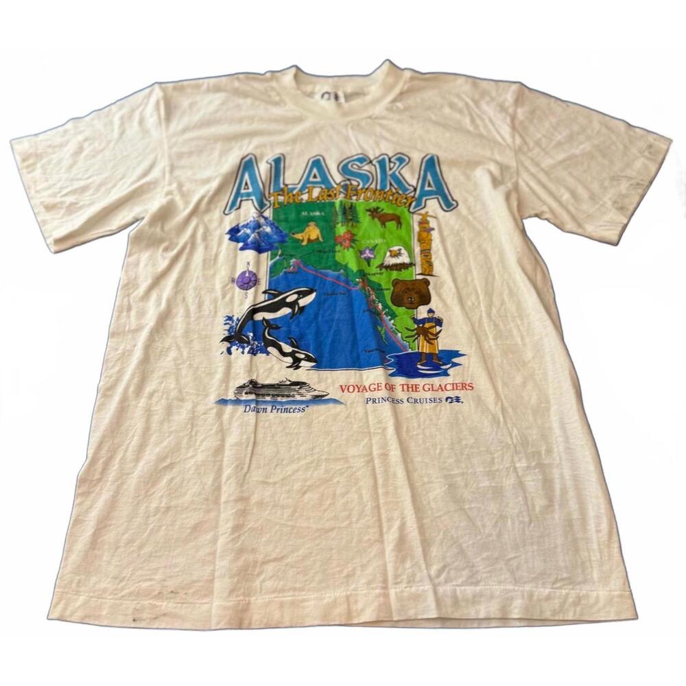 VINTAGE 90s ALASKA ORCA MAP PRINCESS CRUISES T-SHIRT L WHITE